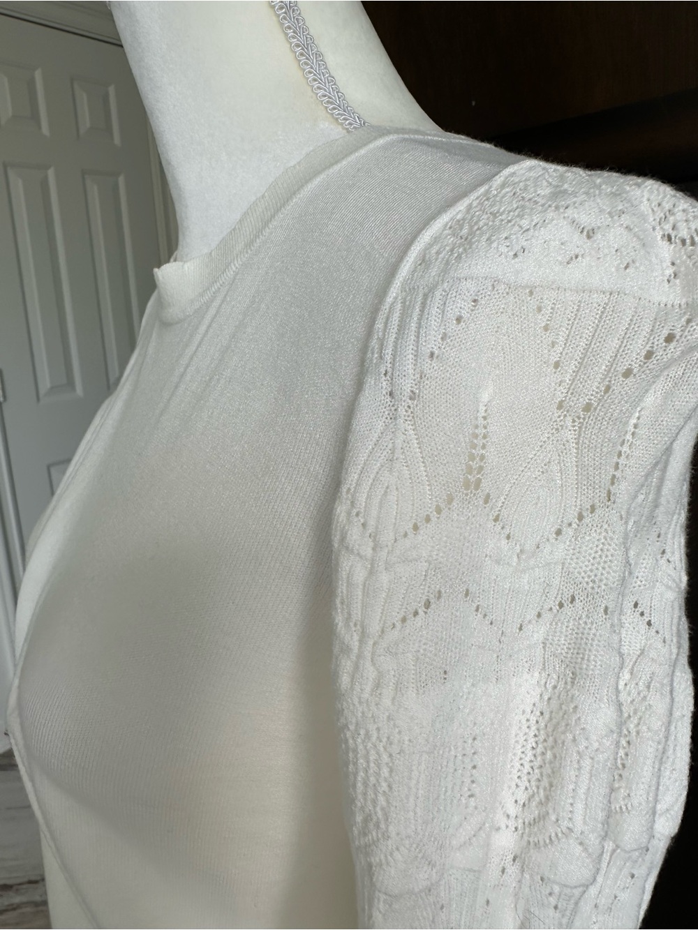 Catherine Malandrino White Knit Crewneck Sweater with Lace-Pattern Sleeves